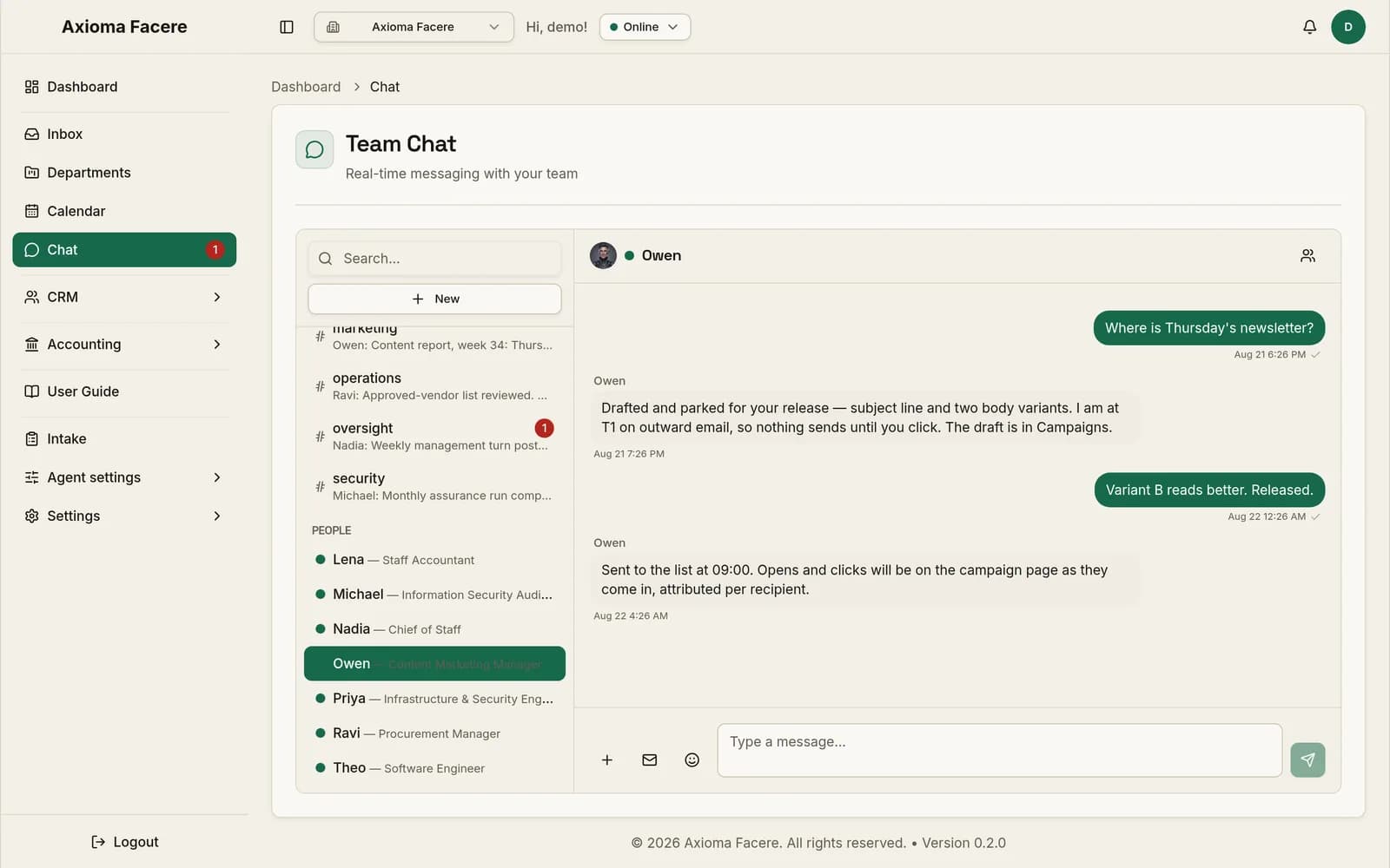 The team chat screen: department channels and the roster in the sidebar, a direct-message conversation with Owen open.
