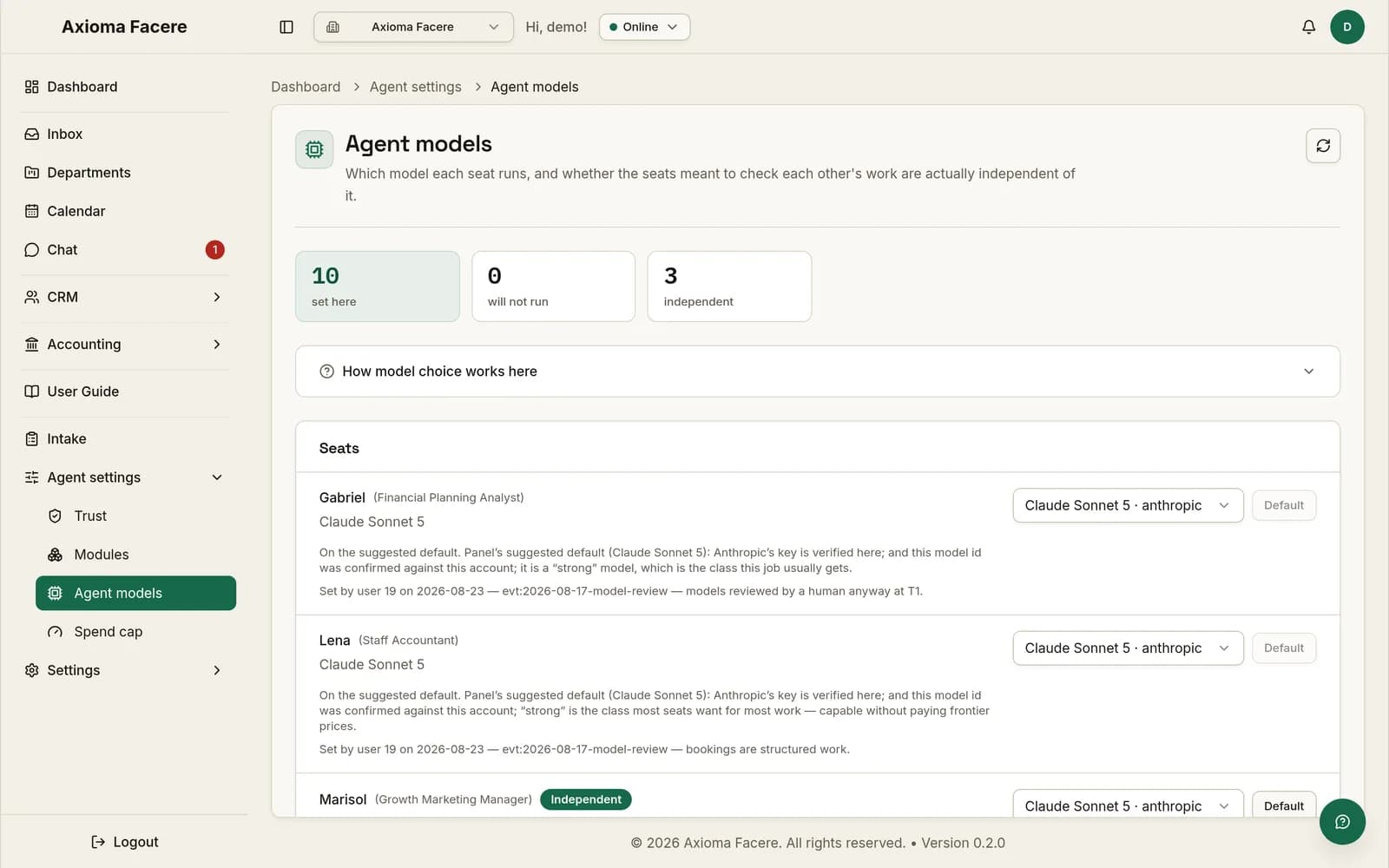 The models screen: each name’s model and provider — the cost levers, on screen.